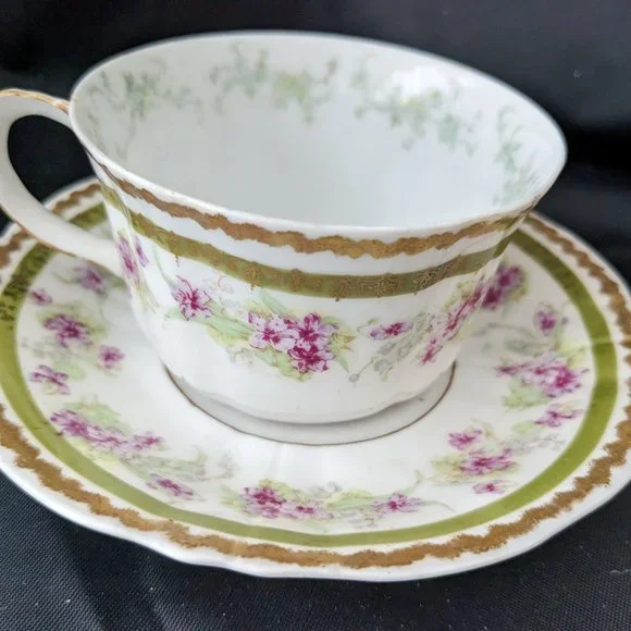 RARE Antique Limoges Porcelain Tea Cup And Saucer Pink/Green 1896-1900